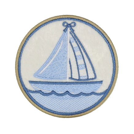 coastal sailboat embroidered patch with blue nautical boat and wave design
