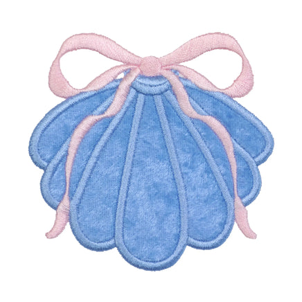 blue seashell embroidered patch with pink bow detail coastal themed design
