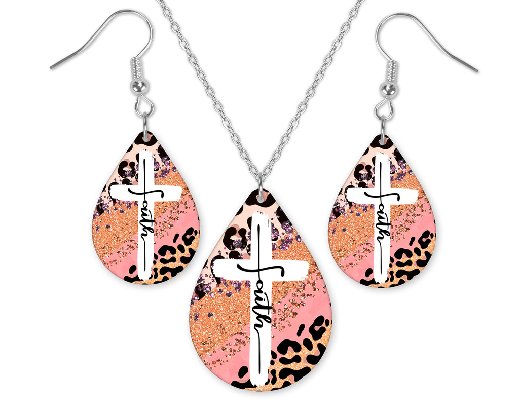 Colorful Leopard Faith Cross Teardrop Earrings and Necklace Set - Sew Lucky Embroidery