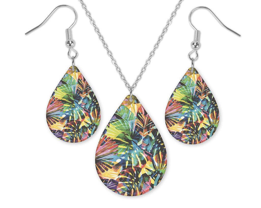 Colorful Palm Trees Teardrop Earrings and Necklace Set - Sew Lucky Embroidery