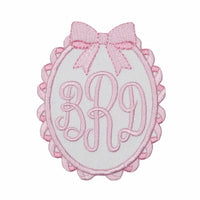 Pink coquette ribbon monogram embroidered patch with bow and scalloped edge, personalized patch for backpacks diaper bags jackets and baby blankets