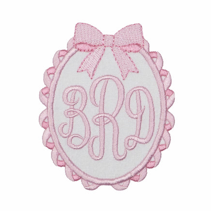 Pink coquette ribbon monogram embroidered patch with bow and scalloped edge, personalized patch for backpacks diaper bags jackets and baby blankets