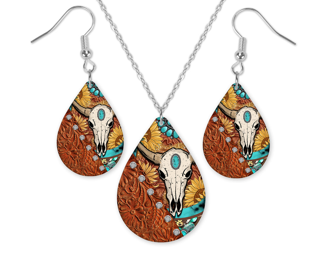 Country Deer Skull Earrings and Necklace Set - Sew Lucky Embroidery