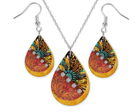 Country Sunflower Gold Earrings and Necklace Set - Sew Lucky Embroidery