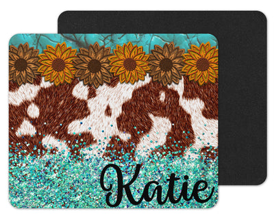 Cow Print, Glitter and Sunflowers Personalized Mouse Pad
