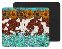 Cow Print, Glitter and Sunflowers Personalized Mouse Pad - Sew Lucky Embroidery