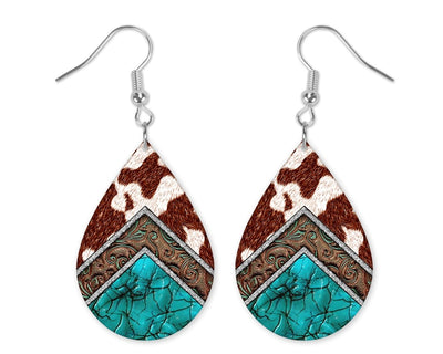 Cowhide Turquoise Teardrop Earrings