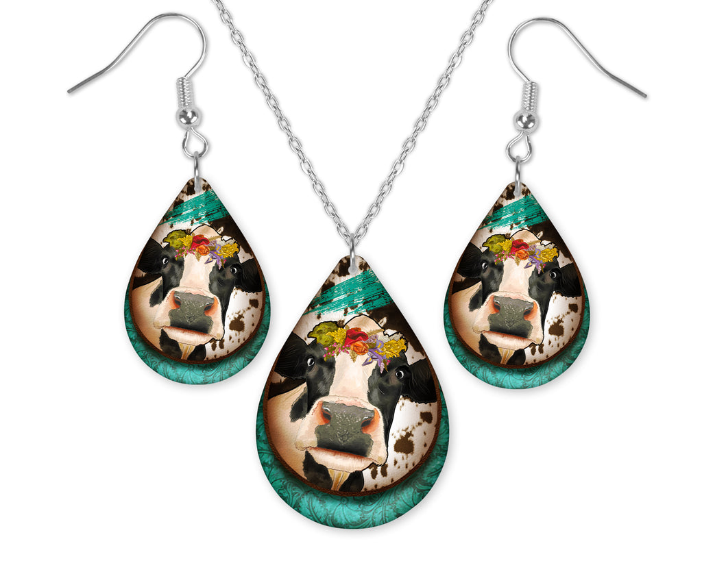 Cow with Teal Teardrop Earrings and Necklace Set - Sew Lucky Embroidery