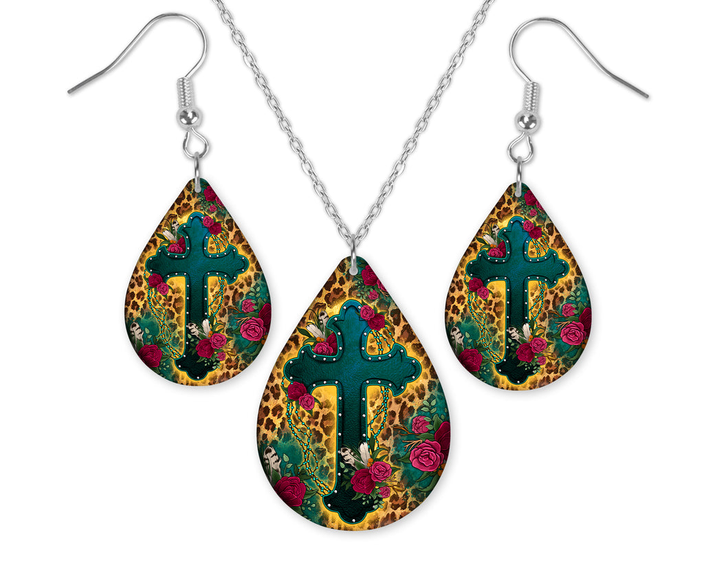 Cross with Leopard Print Teardrop Earrings - Sew Lucky Embroidery