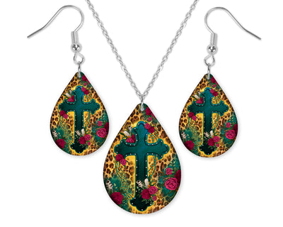 Cross with Leopard Print Teardrop Earrings