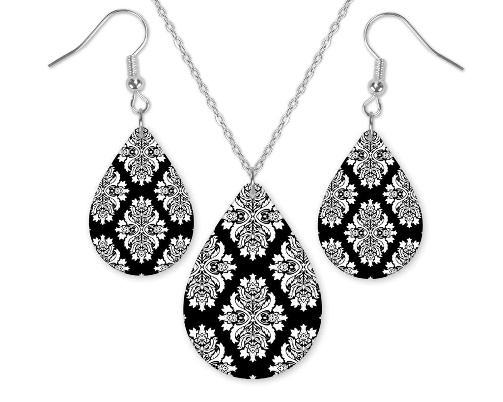 Damask Black and White Teardrop Earrings and Necklace Set - Sew Lucky Embroidery
