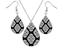 Damask Black and White Teardrop Earrings and Necklace Set - Sew Lucky Embroidery