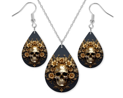 Dark Golden Floral Skull Earrings and Necklace Set