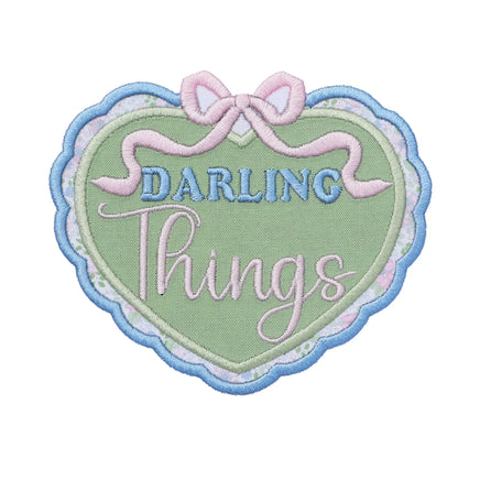 Darling Things heart embroidered patch with pink bow and pastel colors, cute label patch for makeup bags travel pouches jewelry bags and teen accessories
