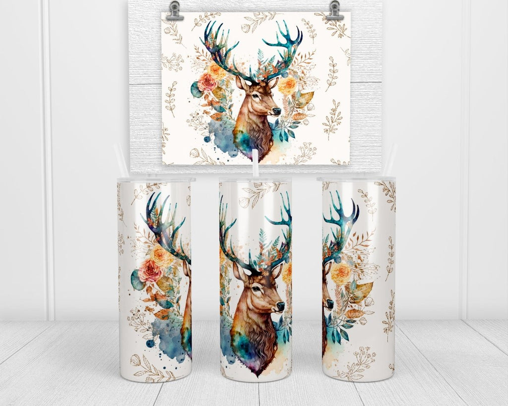 Deer Boho watercolor 20 oz insulated tumbler with lid and straw - Sew Lucky Embroidery