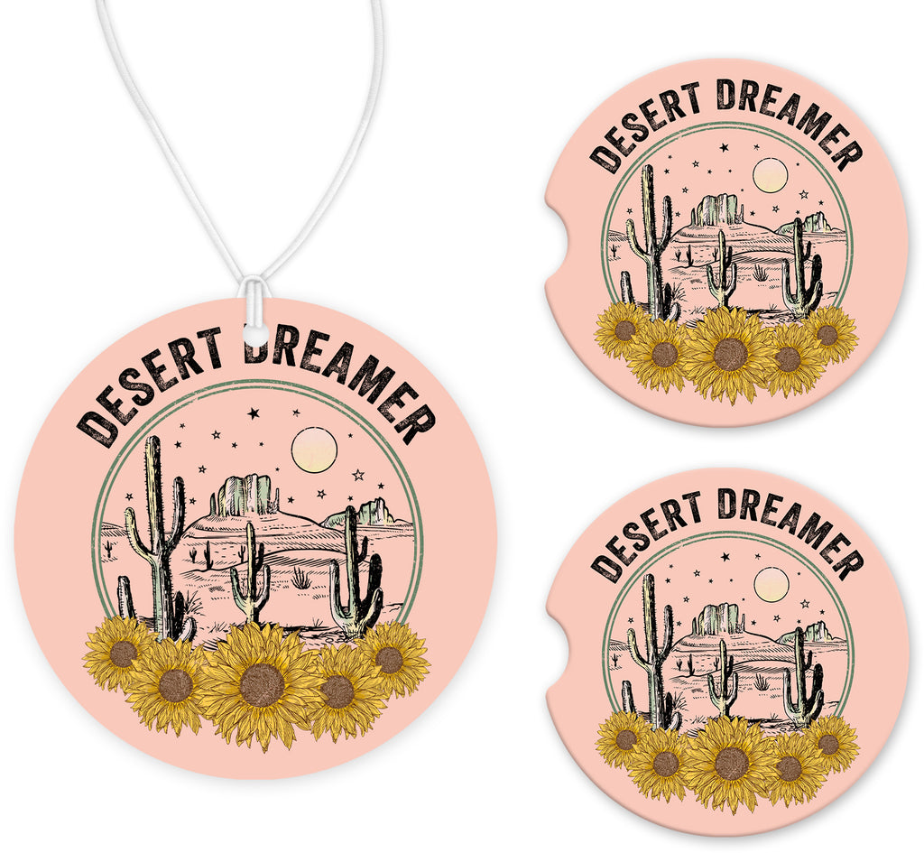 Desert Dreamer Car Charm and set of 2 Sandstone Car Coasters - Sew Lucky Embroidery