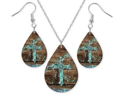 Distressed Teal Cross Earrings and Necklace Set