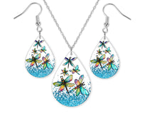 Dragonflies Blue Earrings and Necklace Set - Sew Lucky Embroidery
