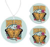 Dreamer Car Charm and set of 2 Sandstone Car Coasters - Sew Lucky Embroidery