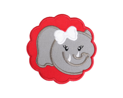 Girl Elephant with Red Scallops and white Bow Sew or Iron on Embroidered Patch