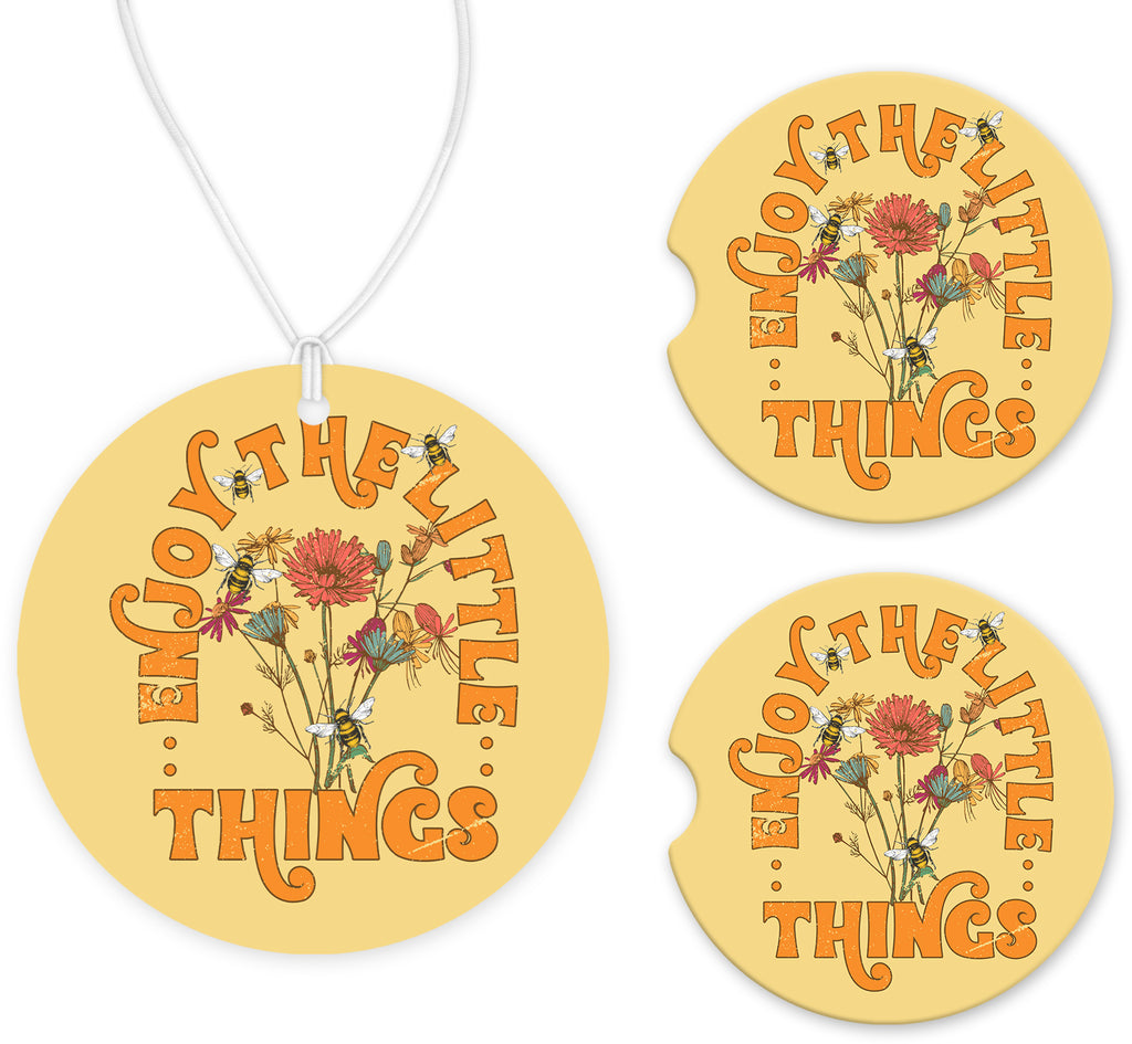 Enjoy the Little Things Car Charm and set of 2 Sandstone Car Coasters - Sew Lucky Embroidery