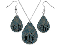 Faded Damask Monogrammed Teardrop Earrings and Necklace Set - Sew Lucky Embroidery