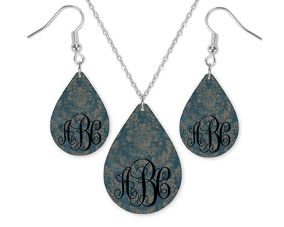 Faded Damask Monogrammed Teardrop Earrings and Necklace Set