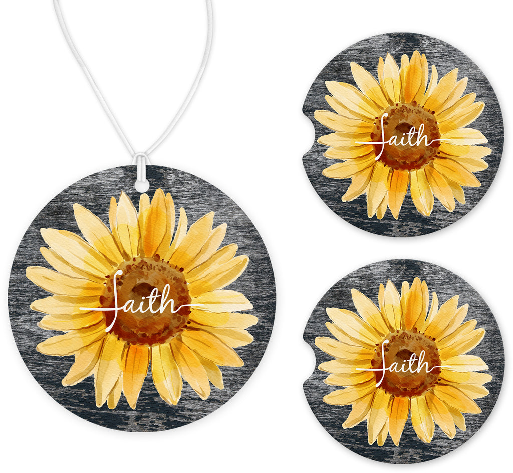 Faith Sunflower Car Charm and set of 2 Sandstone Car Coasters - Sew Lucky Embroidery