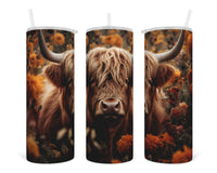 Fall Flowers Highland Cow 20 oz insulated tumbler with lid and straw - Sew Lucky Embroidery