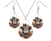 Fall Highland Calf Earrings and Necklace Set - Sew Lucky Embroidery