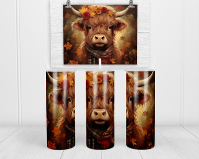 Fall Highland Cow Wearing Scarf 20 oz insulated tumbler with lid and straw