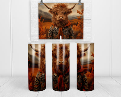Fall Highland Cow Wearing Jacket 20 oz insulated tumbler with lid and straw