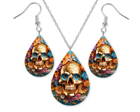 Fall Vibrant Skull Earrings and Necklace Set - Sew Lucky Embroidery