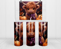 Fall Baby Highland Calf and Pumpkins 20 oz insulated tumbler with lid and straw - Sew Lucky Embroidery