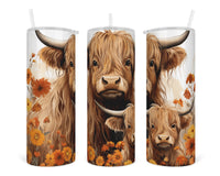Fall Highland Cow and Calf 20 oz insulated tumbler with lid and straw - Sew Lucky Embroidery