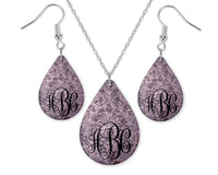 Floral Damask Monogrammed Teardrop Earrings and Necklace Set - Sew Lucky Embroidery