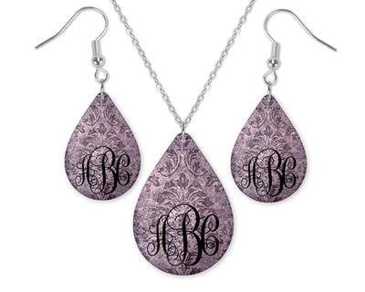 Floral Damask Monogrammed Teardrop Earrings and Necklace Set