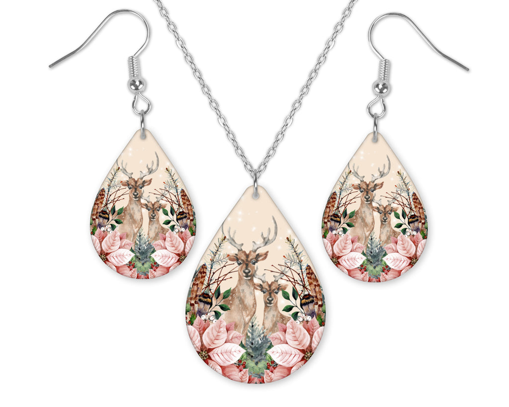 Floral Deer Earrings and Necklace Set - Sew Lucky Embroidery