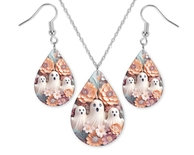 Floral Ghost Trio Earrings and Necklace Set