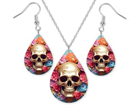 Floral Golden Skull Earrings and Necklace Set - Sew Lucky Embroidery