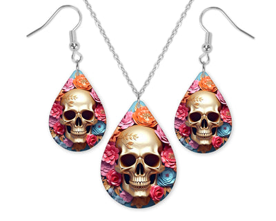 Floral Golden Skull Earrings and Necklace Set