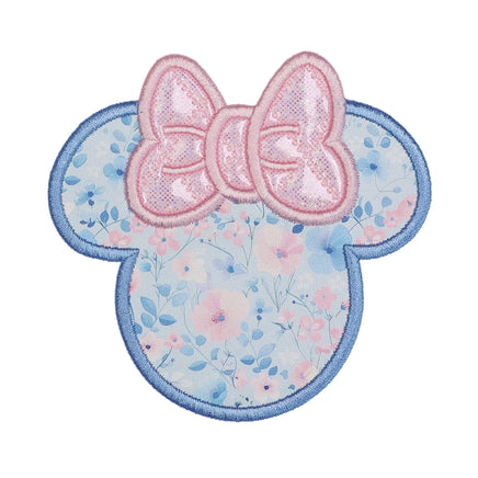 floral mouse head embroidered patch with pink bow and pastel flower pattern
