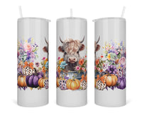 Floral Pumpkin Highland Cow 20 oz insulated tumbler with lid and straw - Sew Lucky Embroidery