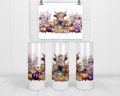Floral Pumpkin Highland Cow 20 oz insulated tumbler with lid and straw