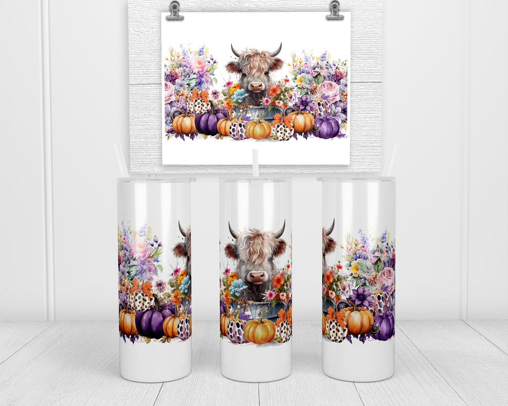 Floral Pumpkin Highland Cow 20 oz insulated tumbler with lid and straw - Sew Lucky Embroidery