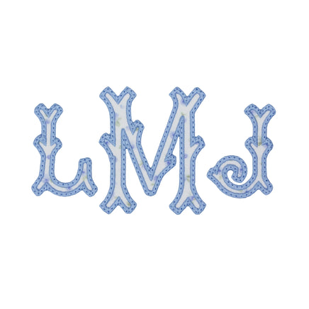May include: A set of three fabric letters forming the monogram LMJ. Each letter features a white center with a subtle blue floral pattern, bordered by a light blue stitched edge with a decorative, branch-like shape and visible stitching.