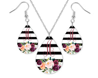 Floral Stripes Monogrammed Teardrop Earrings and Necklace Set - Sew Lucky Embroidery