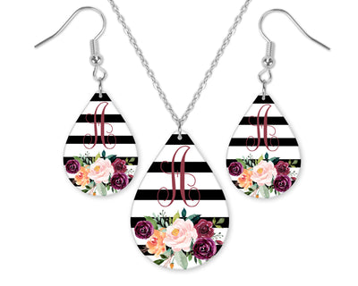 Floral Stripes Monogrammed Teardrop Earrings and Necklace Set