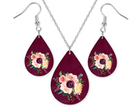 Floral Wine Colored Teardrop Earrings and Necklace Set - Sew Lucky Embroidery