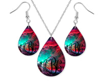 Galaxy Red Monogrammed Teardrop Earrings and Necklace Set - Sew Lucky Embroidery